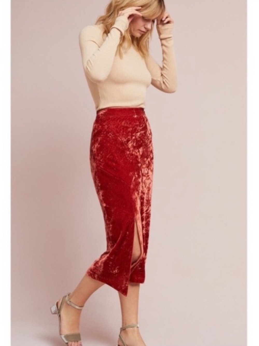 Anthropologie || Maeve Crushed Velvet Midi Skirt Orange 2 NWT